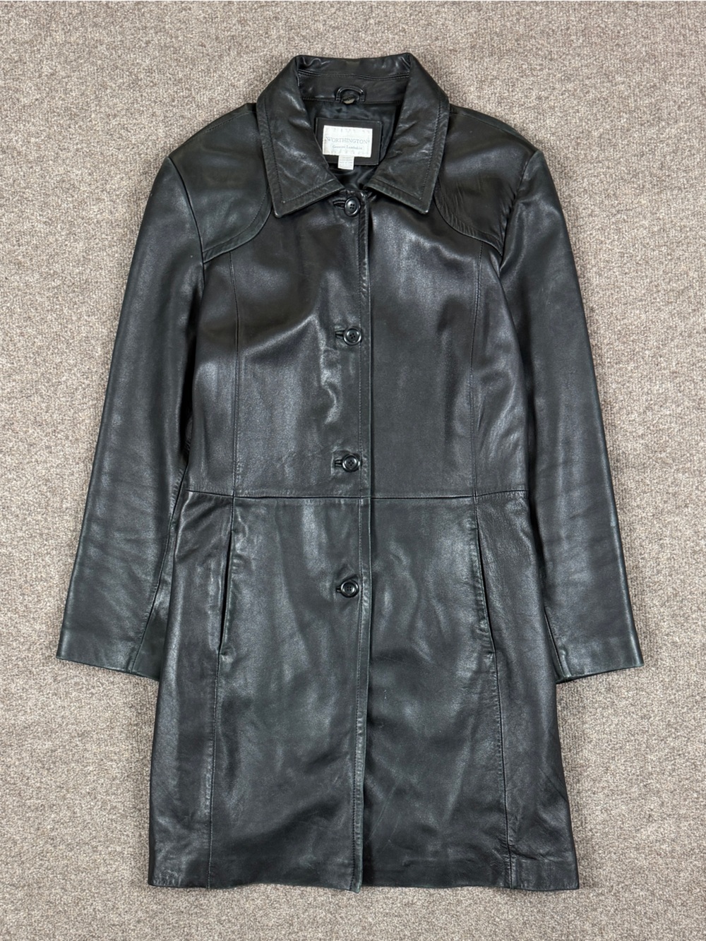 Vintage Worthington Black Leather‎ Mid Length Button Front Jacket Women’s XL 90s